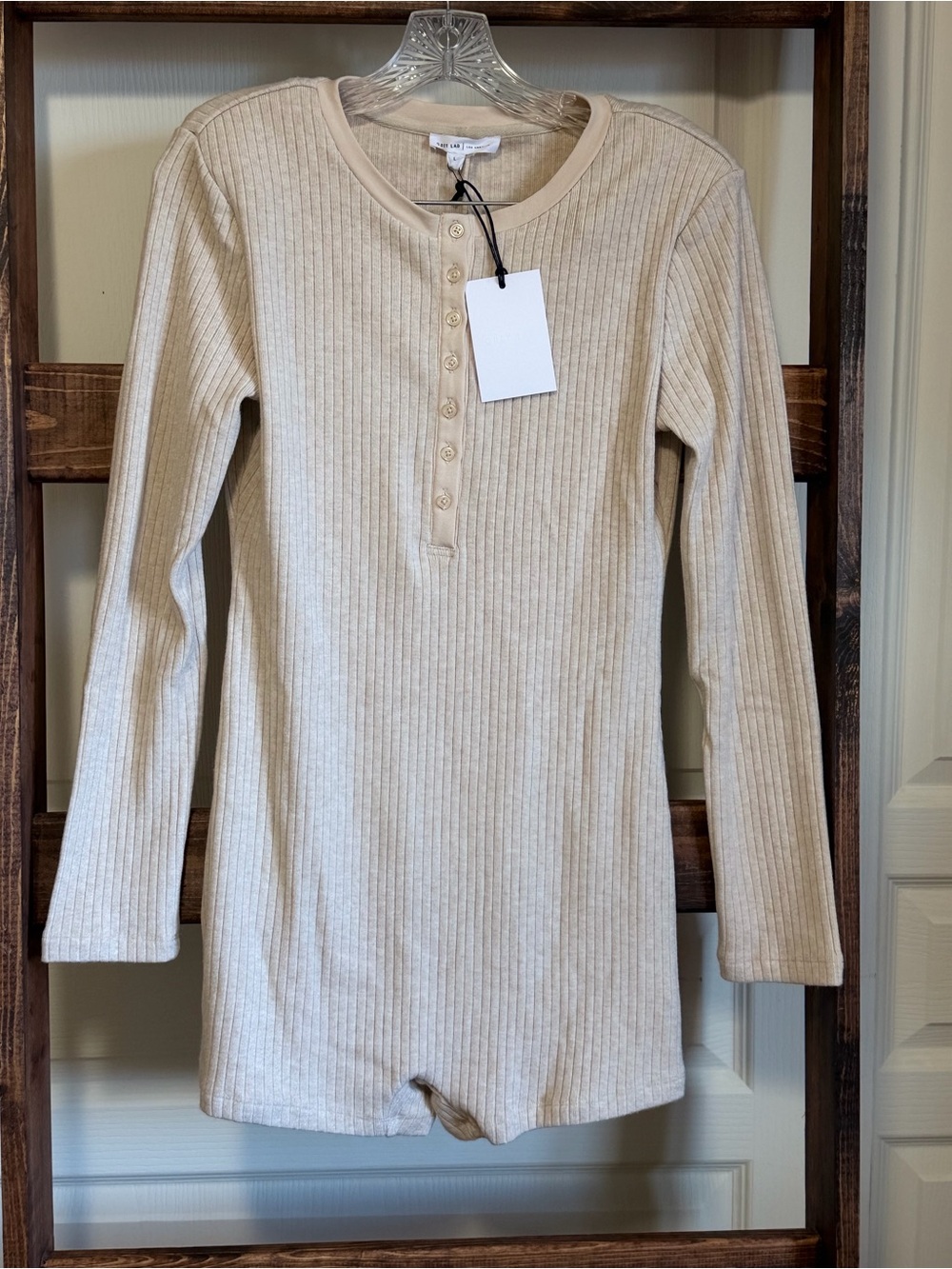 GREY LAB Beige Ribbed Henley Long-Sleeve Romper
